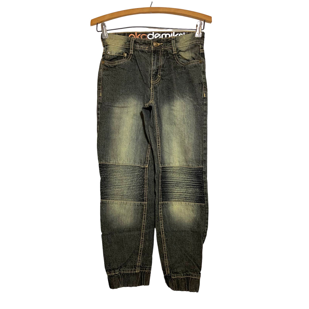 Boys Akademiks Bleach Wash Crumple Stitch Denim Jogger Jeans Green Size 10